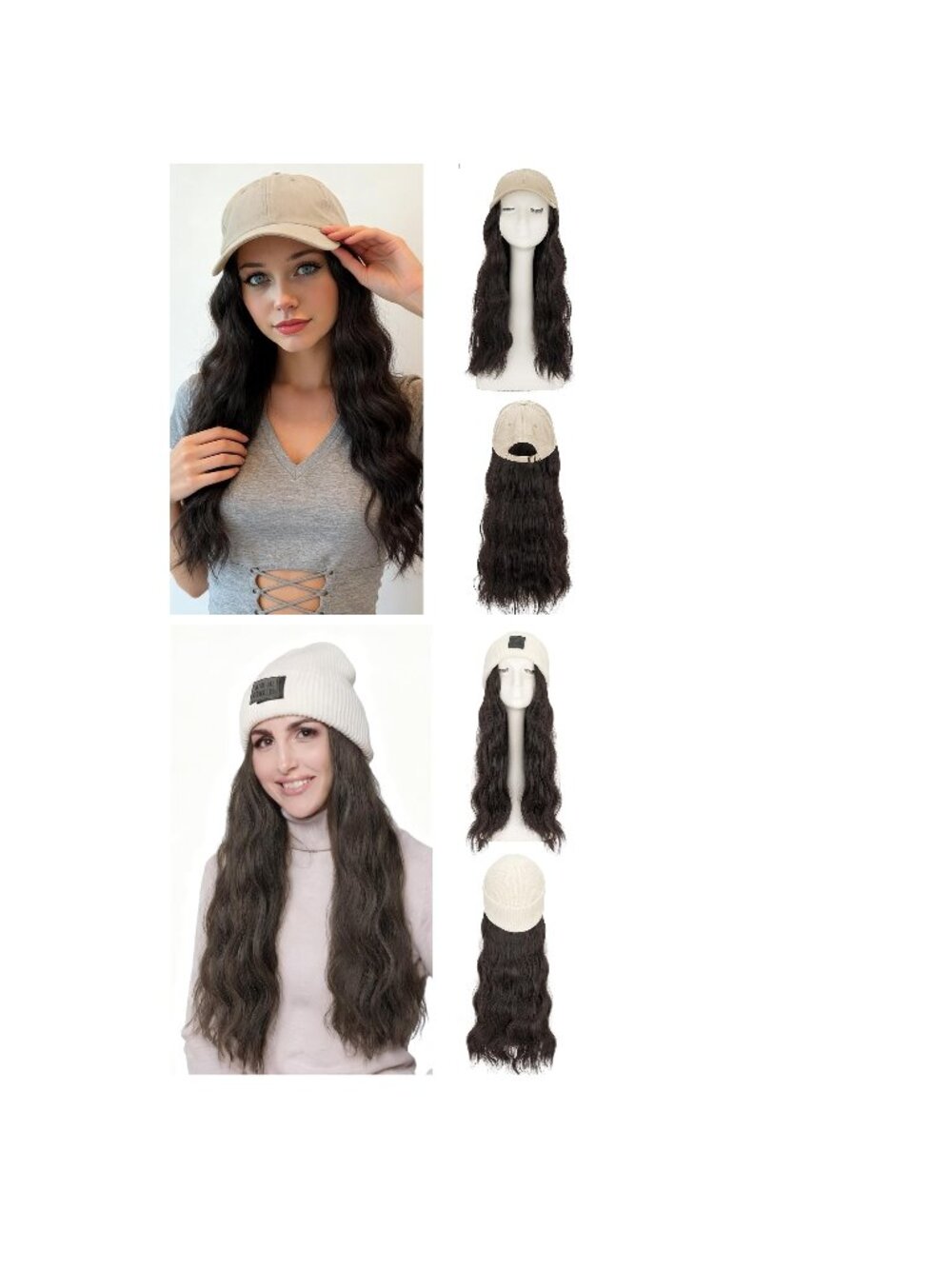 3 - Hat Wigs 18" Brown Wavy Hair - 2 Baseball Tan Caps & 1 Ivory Knit Beanie